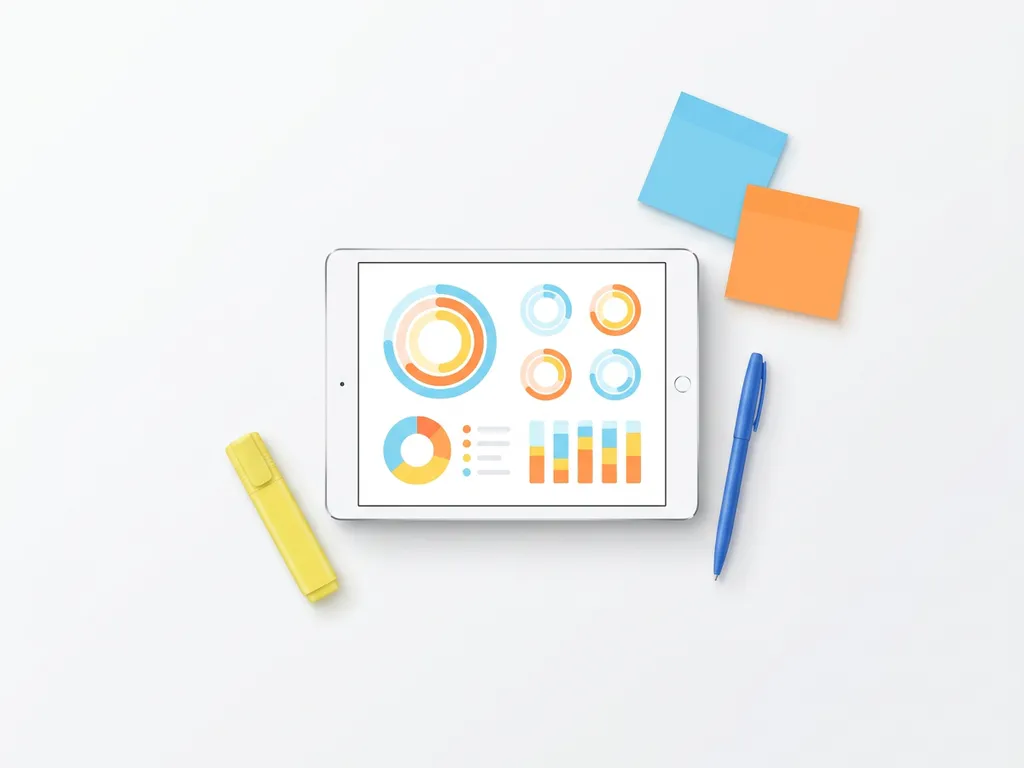 Tablet met kleurrijk abonnementsdashboard met grafieken in lichtblauw en oranje, omringd door markeerstift, pen en sticky notes op wit bureau.