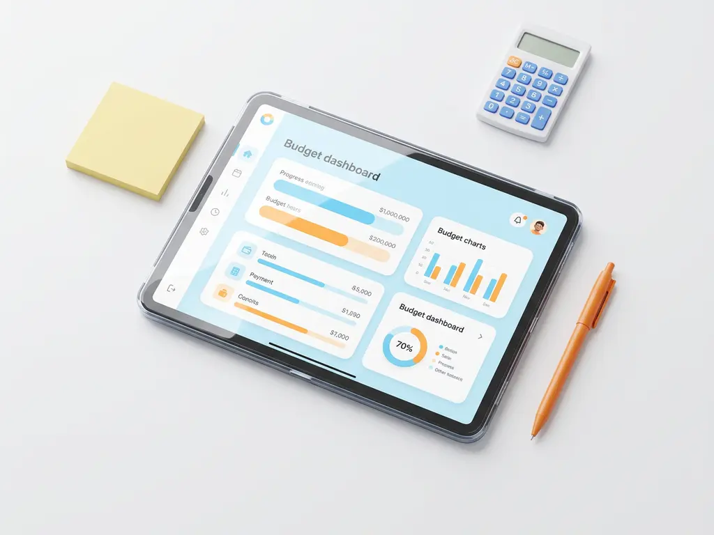 Tablet met kleurrijk budgetdashboard, omringd door rekenmachine, gele sticky note en oranje pen op wit bureau.