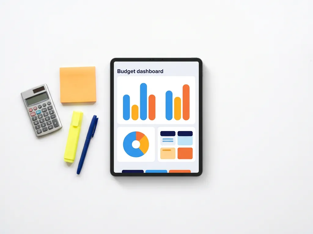 Tablet met kleurrijk budgetdashboard met blauwe en oranje staafdiagrammen, omringd door calculator, sticky note en pen op wit bureau.