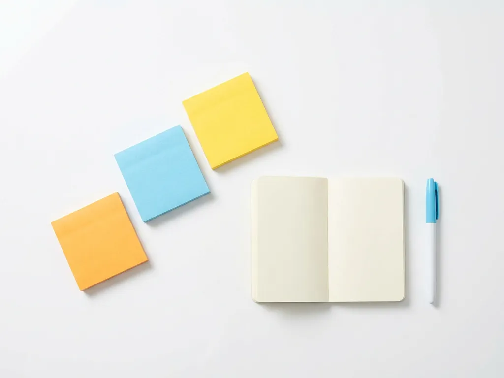 Minimalistische flatlay van een wit bureau met oranje, lichtblauwe en gele sticky notes naast een open notitieboek en pen.