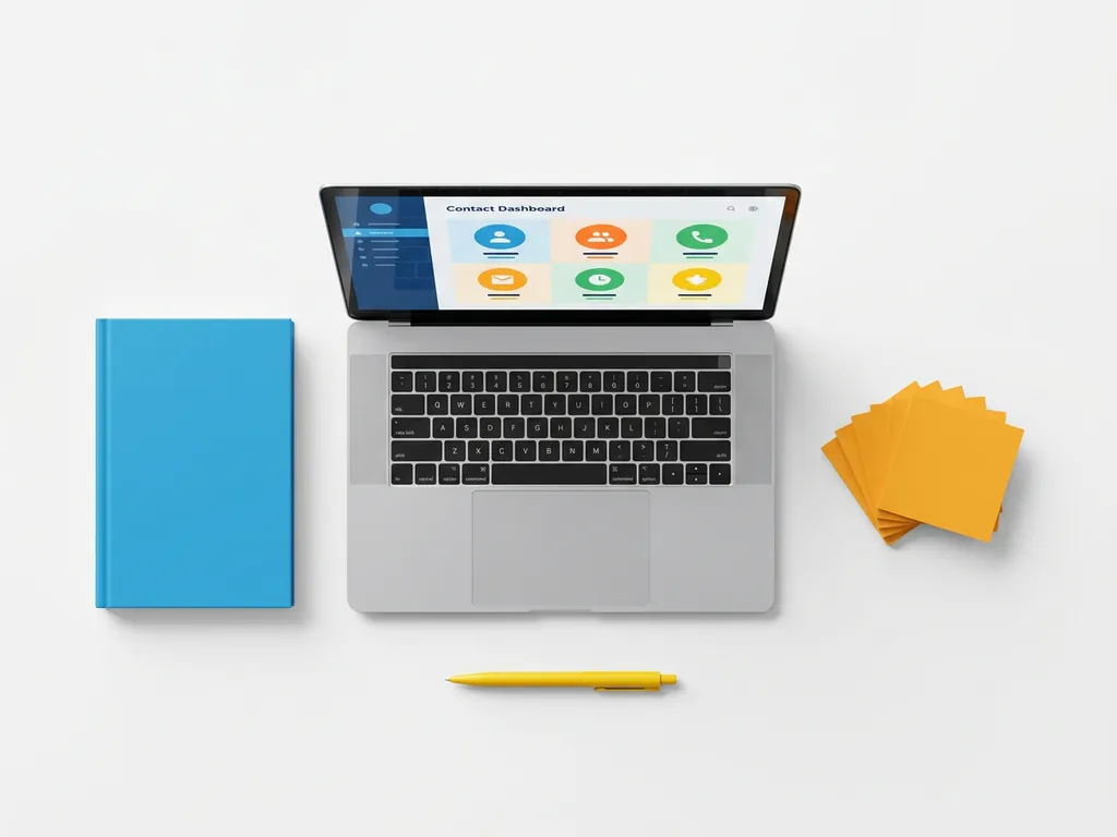 Laptop met kleurrijk contactenbeheer dashboard, omringd door blauw notitieboek, oranje sticky notes en gele pen op wit oppervlak.