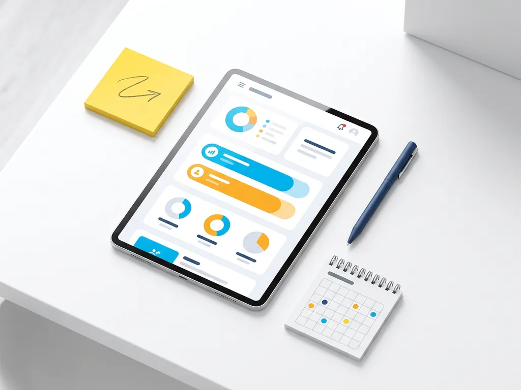 Tablet met kleurrijk contractdashboard in blauw en oranje, omringd door gele sticky note, pen en kalender op wit bureau.