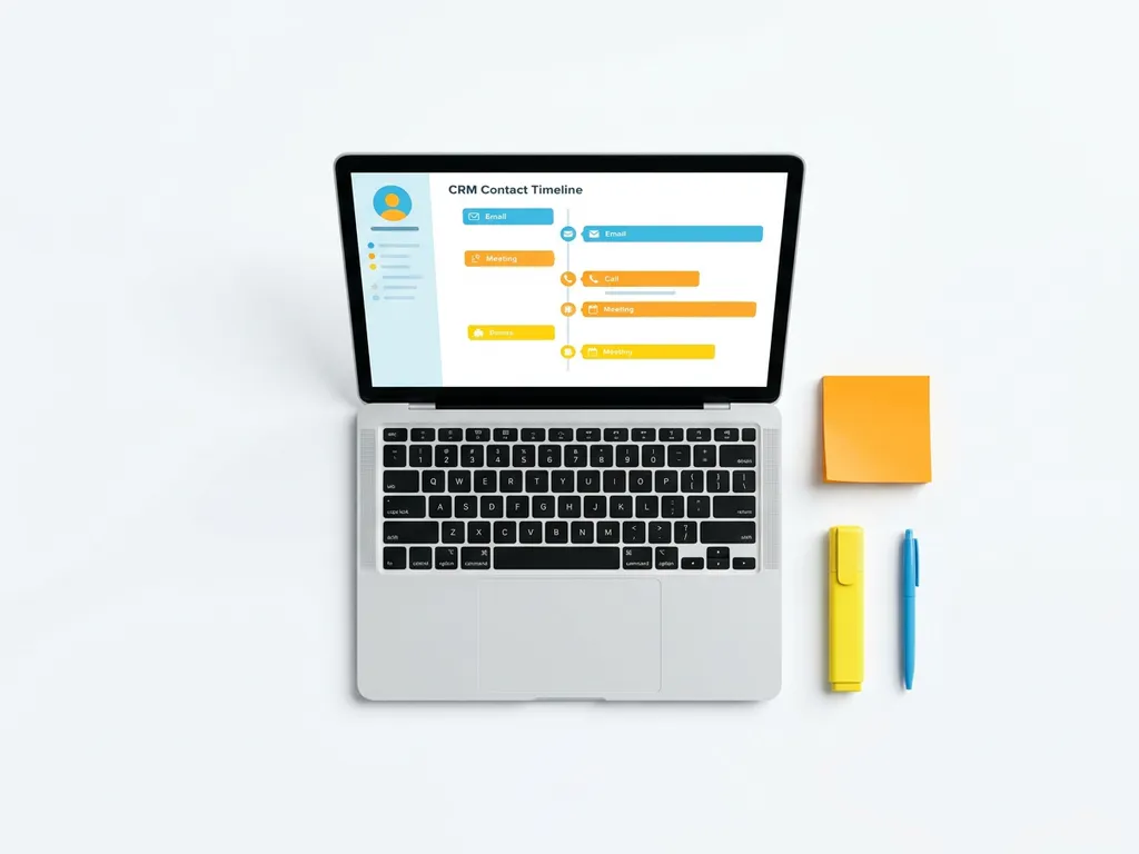 Laptop met CRM-contacttijdlijn omringd door oranje sticky note, gele markeerstift en blauwe pen op wit bureau.