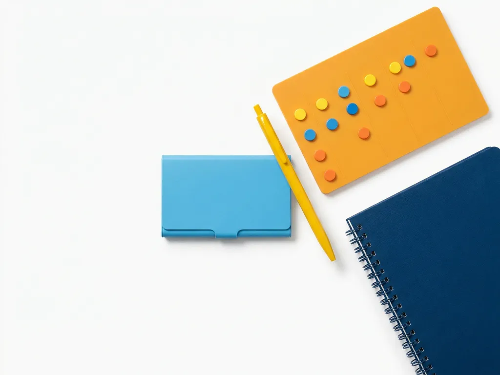 Minimalistische flatlay met lichtblauw CRM-contactkaarthouder, oranje projectplanbord met mijlpaalmarkeringen en gele pen op wit bureau.