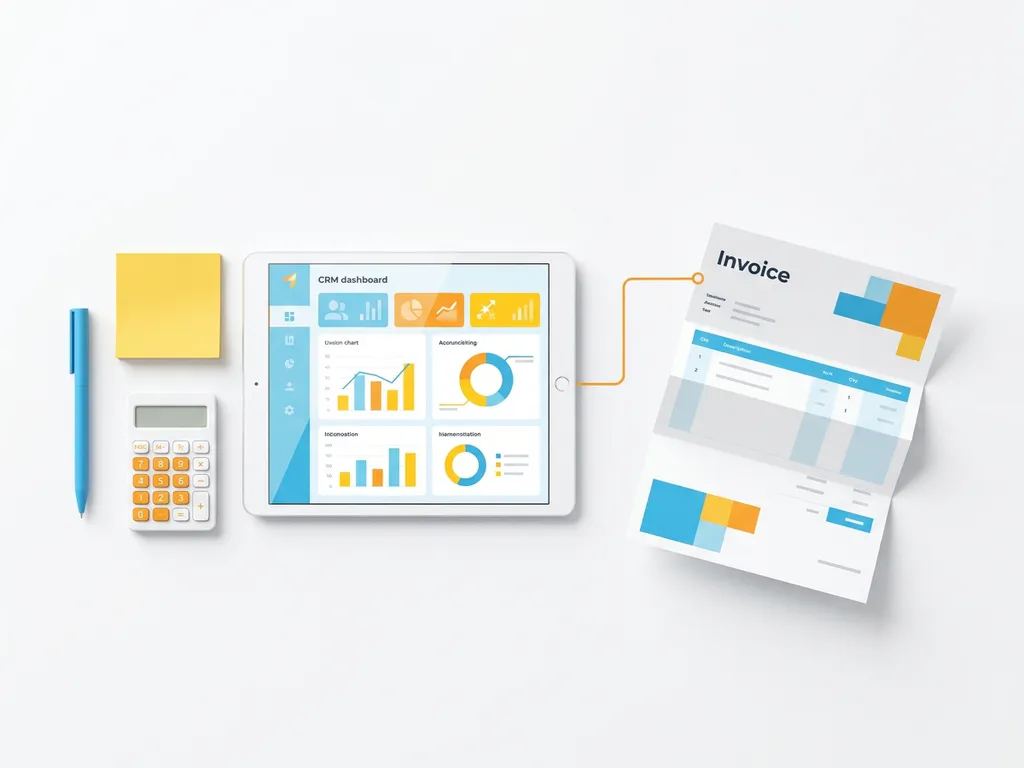 Tablet met CRM-dashboard verbonden aan factuur via oranje lijn, naast pen, sticky note en calculator op wit bureau.