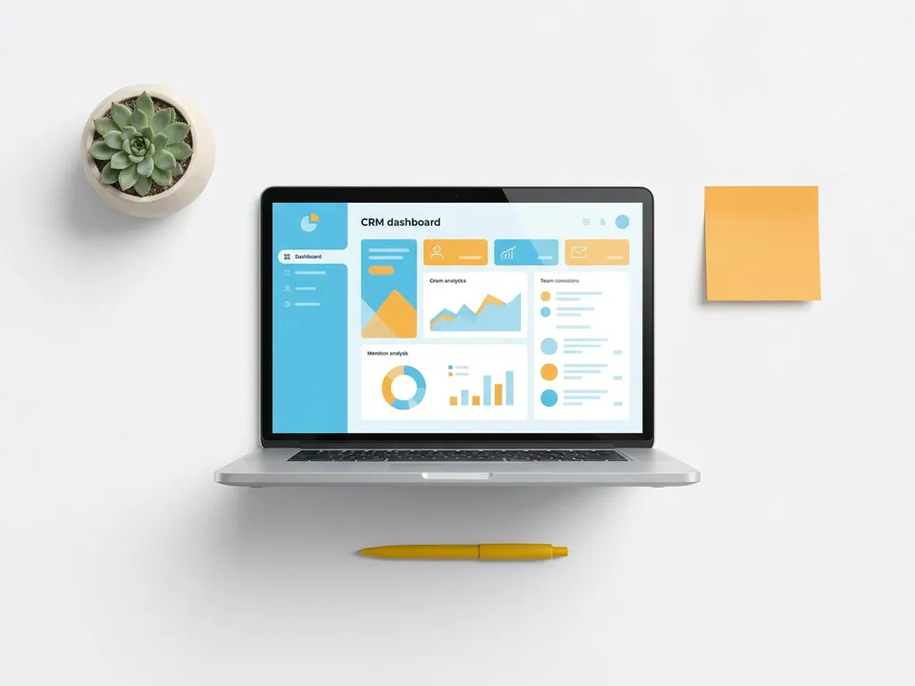 Bovenaanzicht van laptop met CRM-dashboard in blauw en oranje, omringd door plant, sticky note en gele pen op wit bureau.