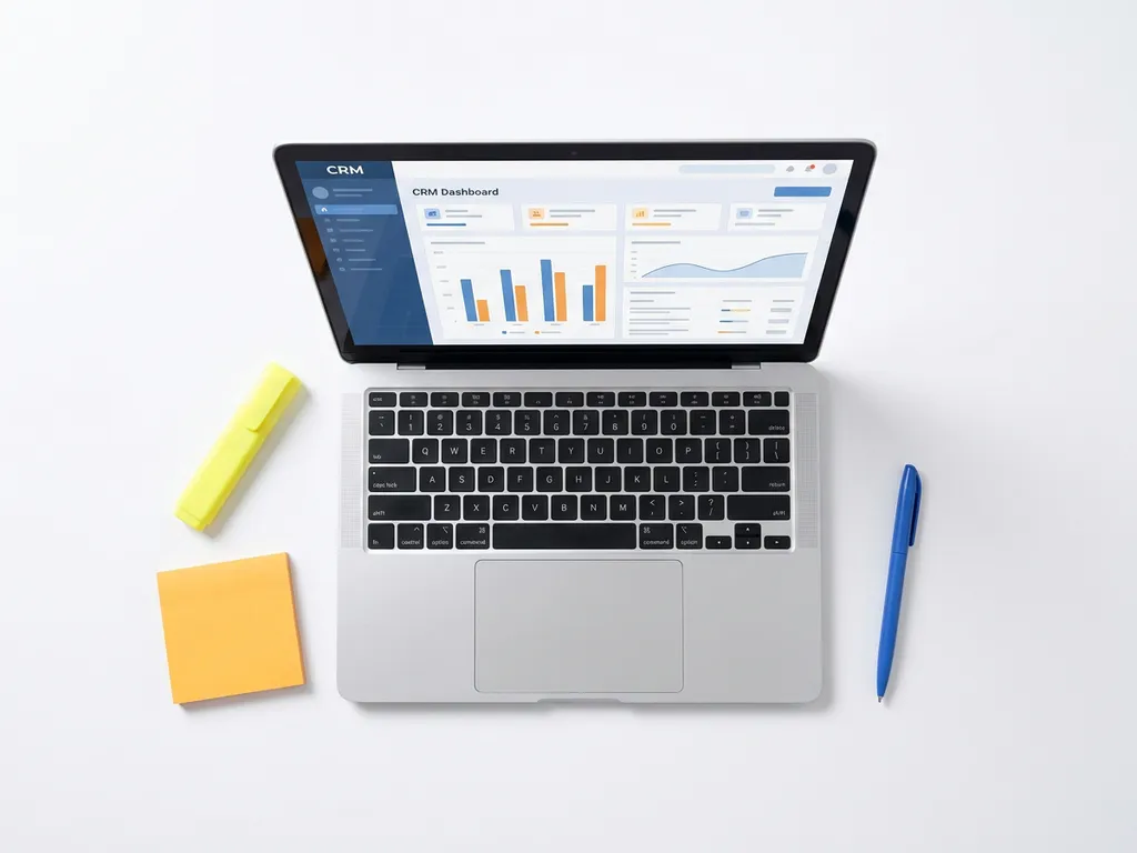 Bovenaanzicht van laptop met kleurrijk CRM-dashboard omringd door gele markeerstift, oranje sticky note en blauwe pen op wit bureau.
