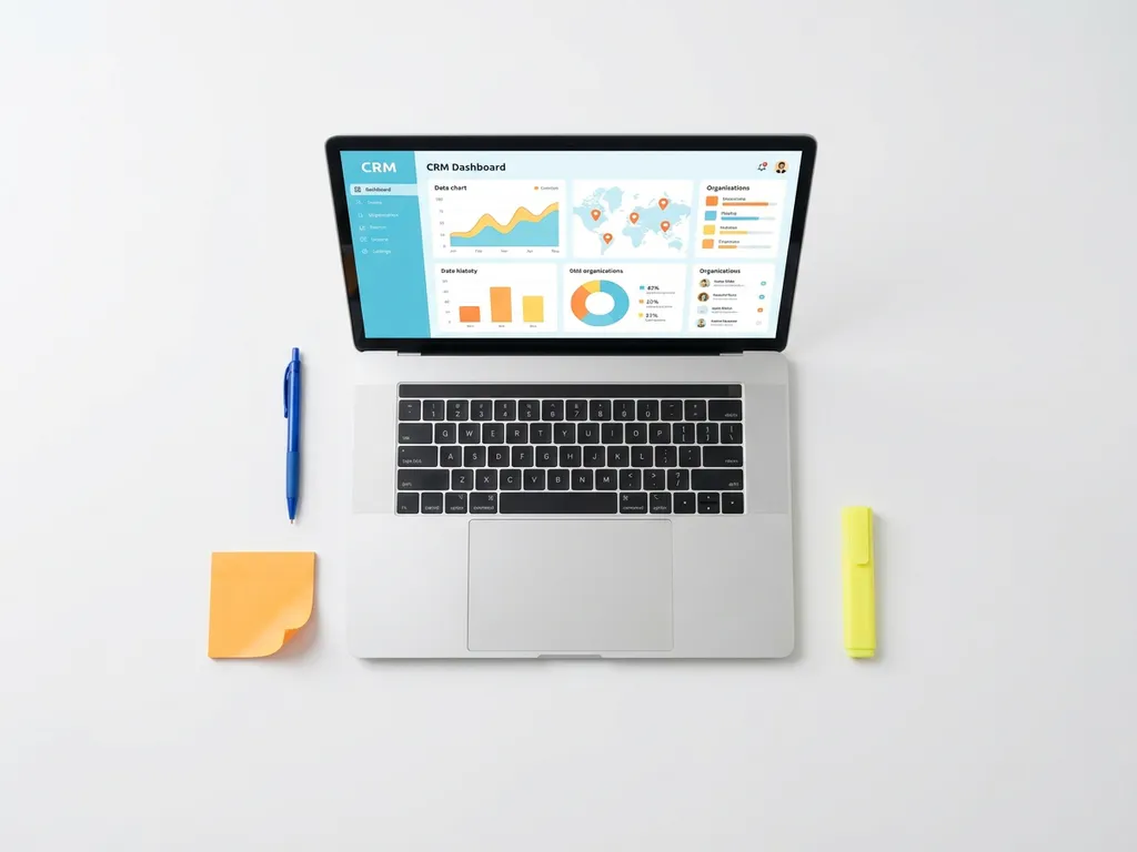 Laptop met kleurrijk CRM-dashboard met locatiepinnen op een wit bureau, omringd door pen, sticky note en markeerstift.