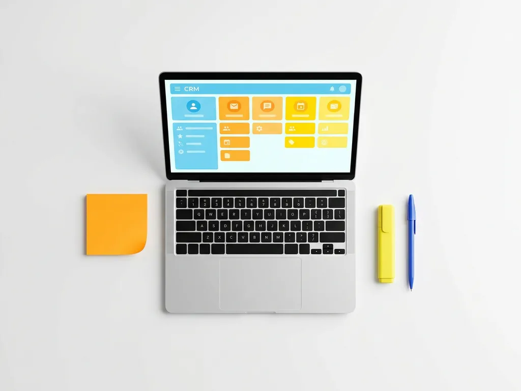 Bovenaanzicht van laptop met kleurrijk CRM-dashboard, omringd door oranje sticky note, gele markeerstift en blauwe pen op wit bureau.