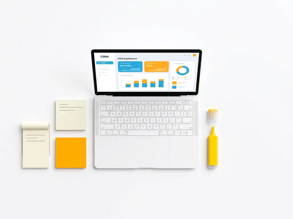 Laptop met kleurrijk CRM-projectdashboard in blauw en oranje, omringd door notitieboekje, sticky note en markeerstift op wit bureau.