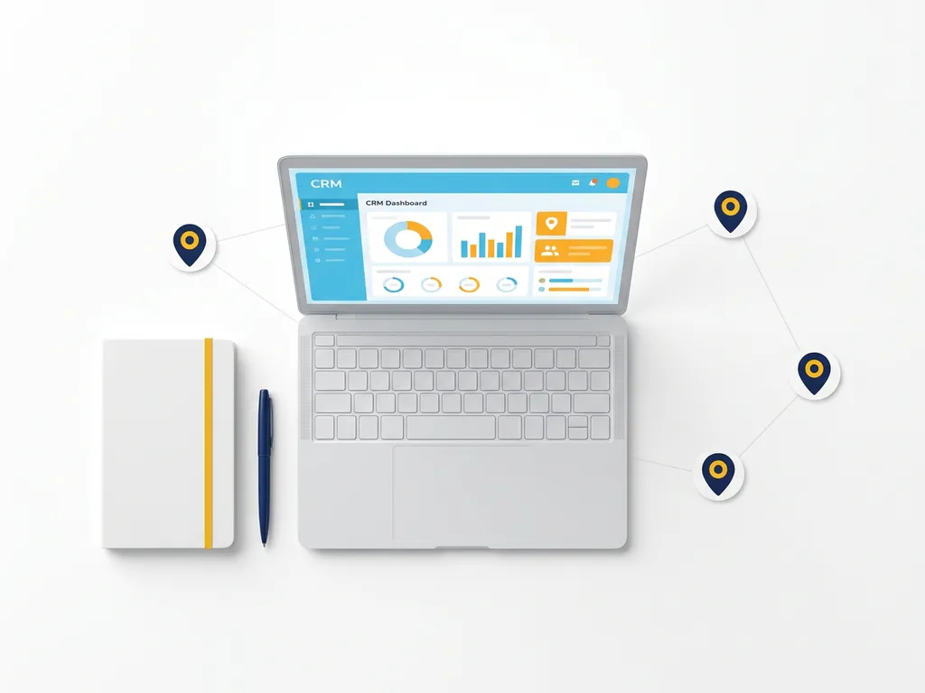 Laptop met kleurrijk CRM-dashboard omringd door locatiepinnen op wit bureau, bovenaanzicht.