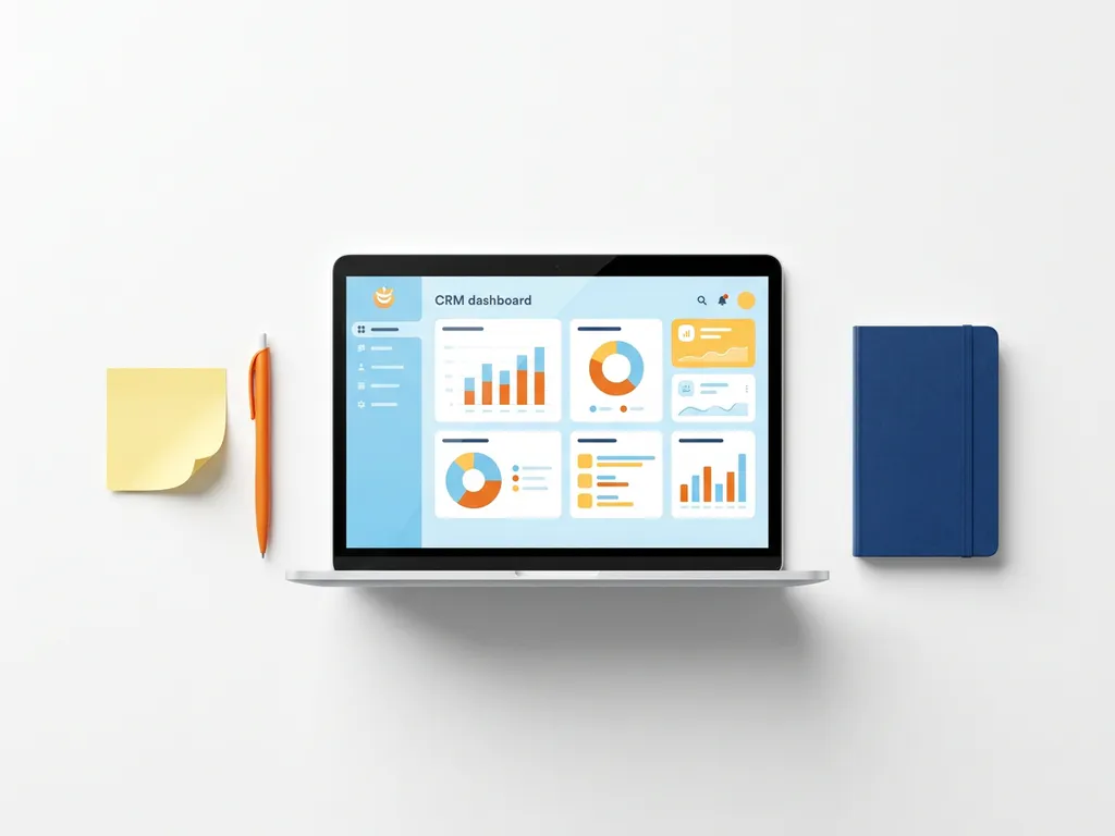 Laptop met kleurrijk CRM-dashboard omringd door gele sticky note, oranje pen en donkerblauw notitieboekje op wit oppervlak.