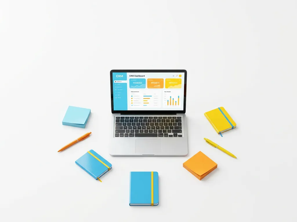 Laptop met kleurrijk CRM-dashboard omringd door sticky notes, pen en notitieboek op wit oppervlak.