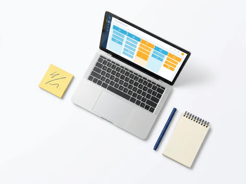 Laptop met kleurrijk CRM-dashboard met pijplijnfasen, omringd door gele sticky note, donkerblauwe pen en spiraalblokje op wit oppervlak.