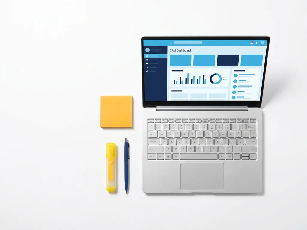 Laptop met lichtblauw CRM-dashboard, omringd door oranje sticky note, gele markeerstift en pen op wit oppervlak.