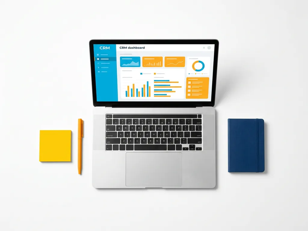 Laptop met kleurrijk CRM-dashboard omringd door gele sticky note, oranje pen en donkerblauw notitieboekje op wit oppervlak.