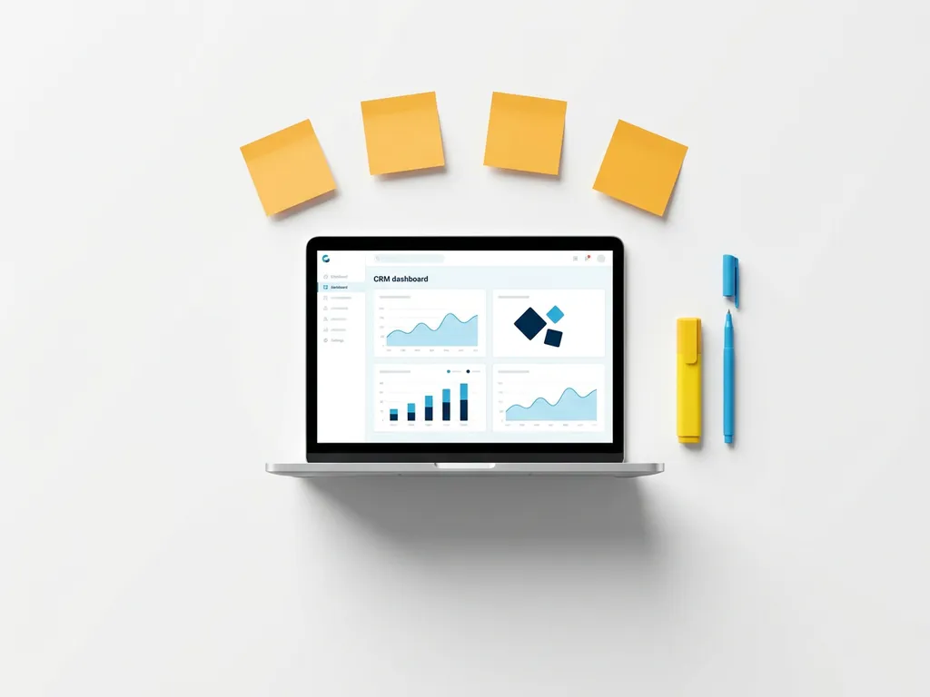 Laptop met CRM-dashboard in lichtblauw op wit bureau, omringd door oranje sticky notes, gele markeerstift en blauwe pen.