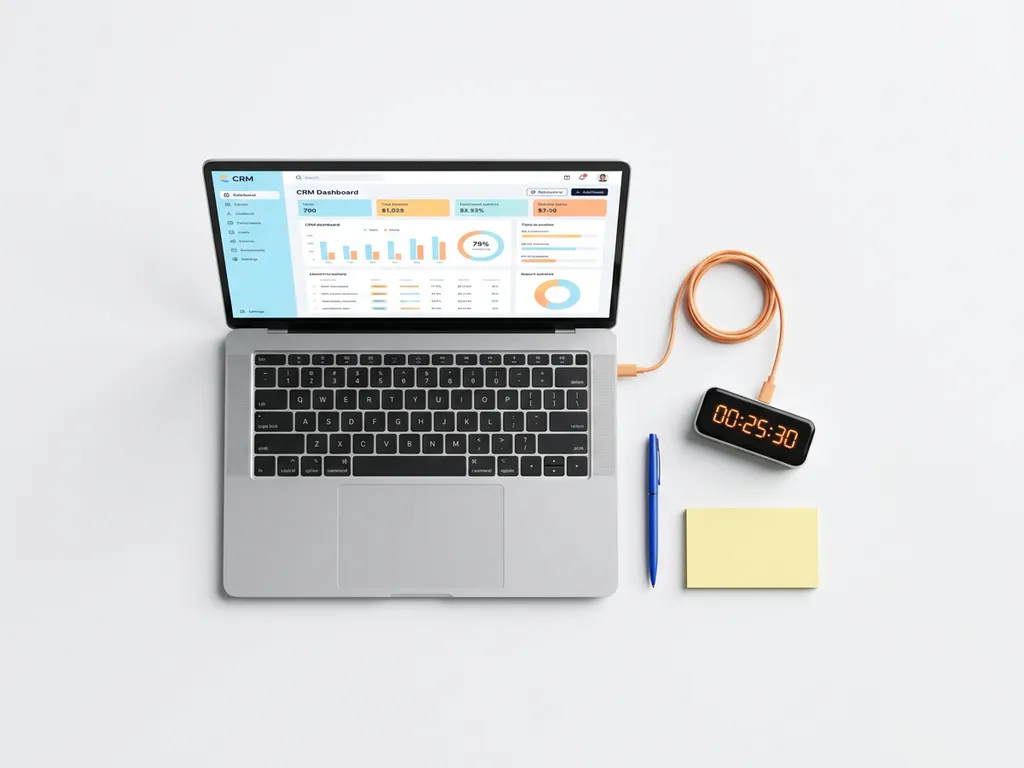 Laptop met CRM-dashboard naast een tijdregistratietimer, verbonden door een oranje kabel, met pen en sticky note op wit bureau.