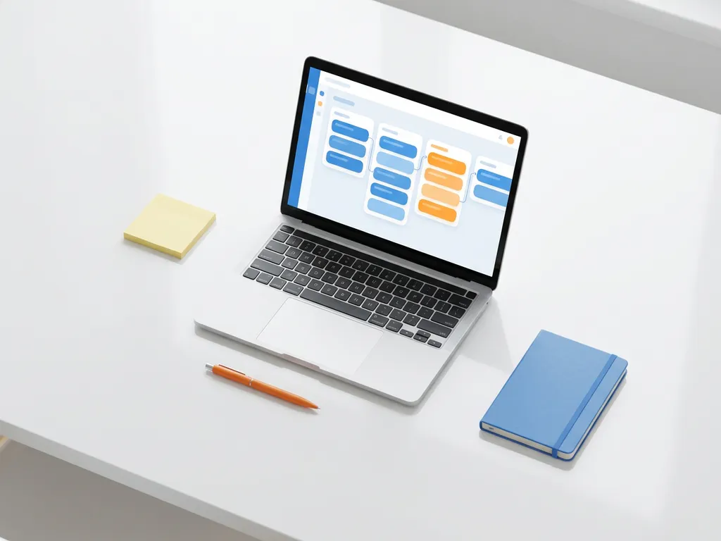 Laptop met kleurrijk CRM-dashboard omringd door gele sticky note, oranje pen en blauw notitieboekje op wit bureau.