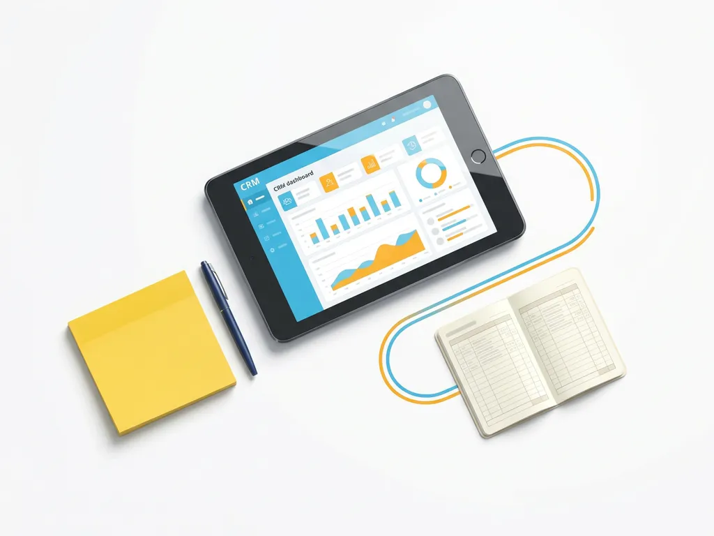 Tablet met CRM-dashboard in blauw en oranje, verbonden met boekhoudmodule, sticky note en pen op wit oppervlak.