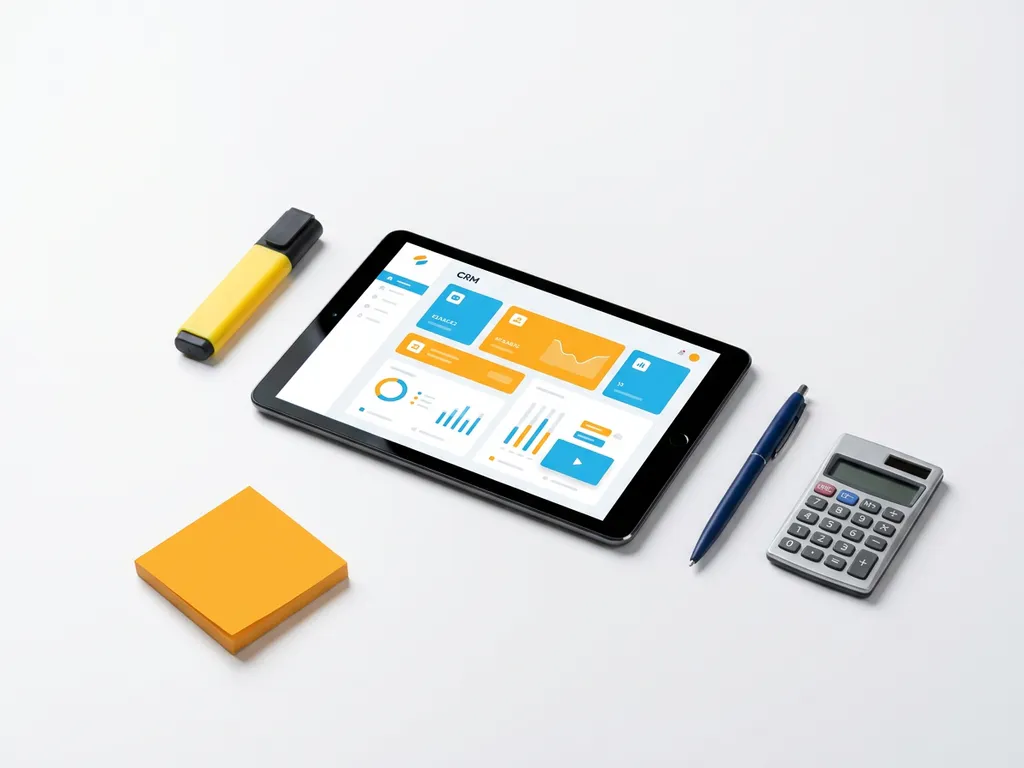Tablet met kleurrijk CRM-dashboard in blauw en oranje, omringd door markeerstift, sticky note en pen op wit bureau.
