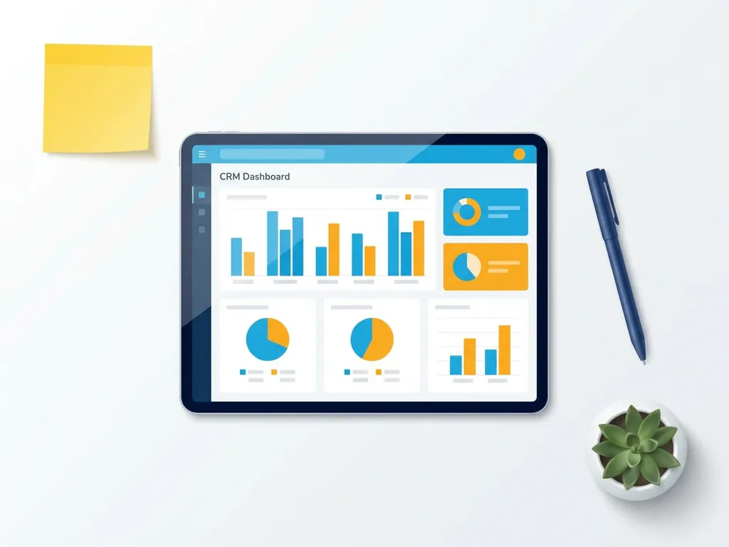 Tablet met kleurrijk CRM-dashboard in blauw en oranje, omringd door gele sticky note, pen en plant op wit bureau.