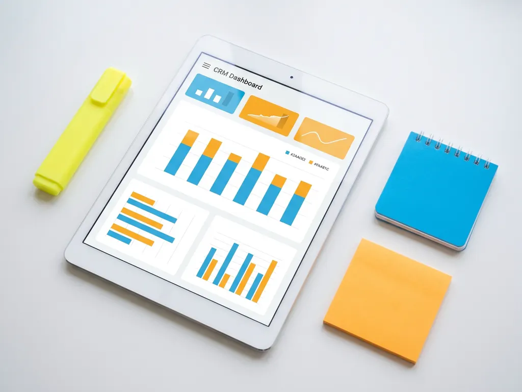 Tablet met CRM-dashboard met blauwe en oranje staafdiagrammen, omringd door markeerstift, notitieboekje en sticky note op wit bureau.