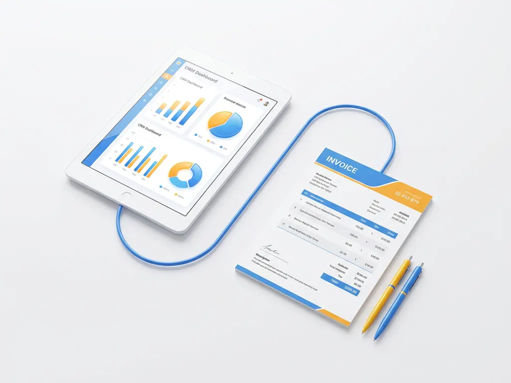 Tablet met CRM-dashboard met oranje en blauwe grafieken, verbonden met een factuur, op wit oppervlak.