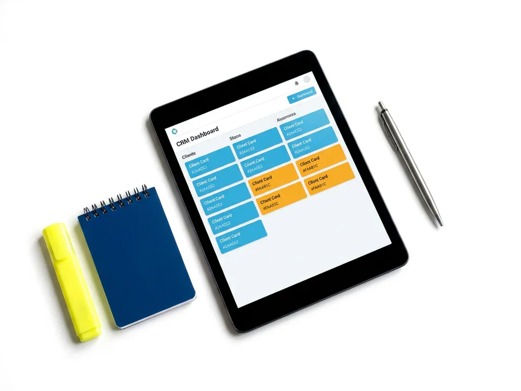 Tablet met kleurrijk CRM-dashboard met klantkaarten in blauw en oranje, omringd door notitieboek, pen en markeerstift op wit oppervlak.