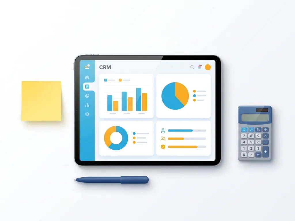 Tablet met kleurrijk CRM-dashboard met blauwe en oranje grafieken, omringd door gele sticky note, pen en calculator op wit oppervlak.