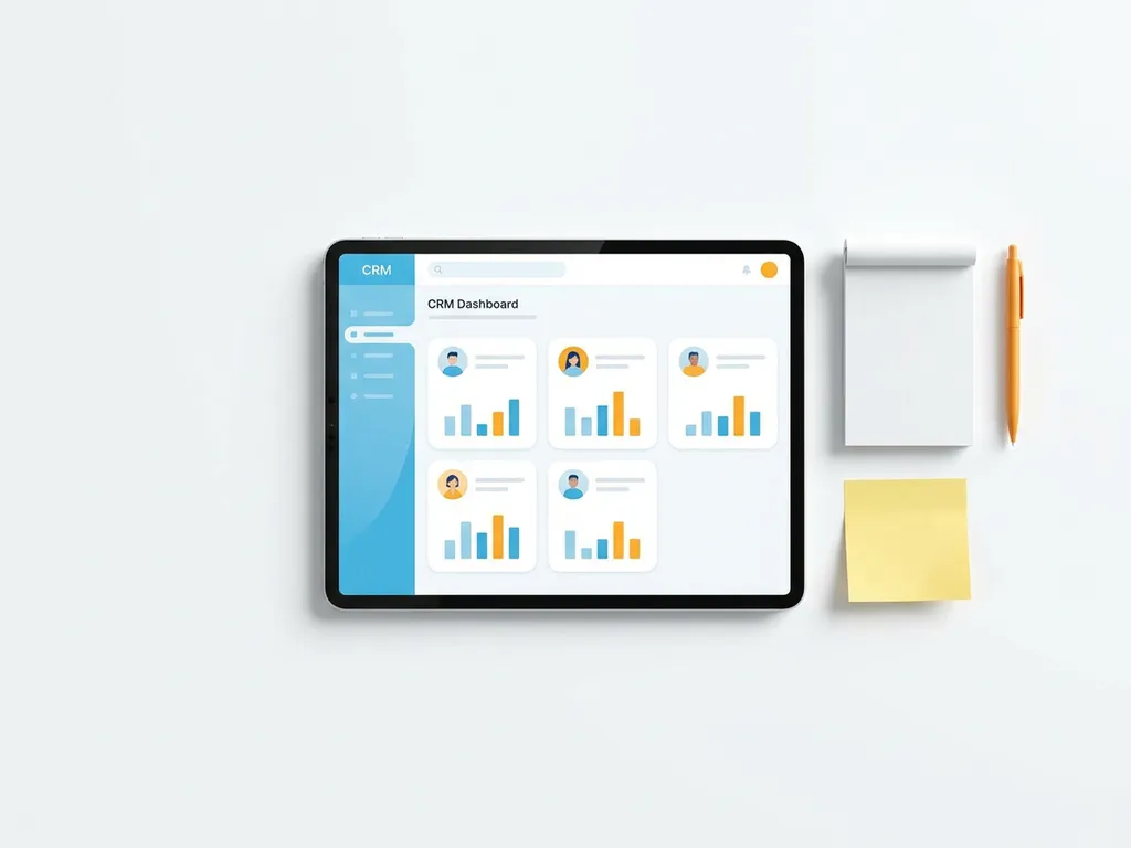 Bovenaanzicht van tablet met kleurrijk CRM-dashboard in blauw en oranje, omringd door notitieboekje, pen en sticky note.