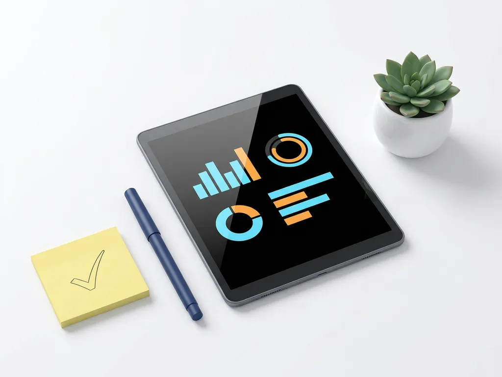 Tablet met kleurrijk CRM-dashboard met blauwe en oranje grafieken, omringd door notitieblokje, pen en kamerplantje op wit bureau.