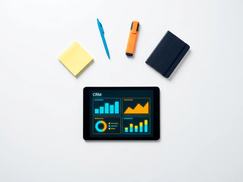 Tablet met kleurrijk CRM-dashboard omringd door gele sticky note, blauwe pen, oranje markeerstift en donkerblauwe notitieboek op wit oppervlak.
