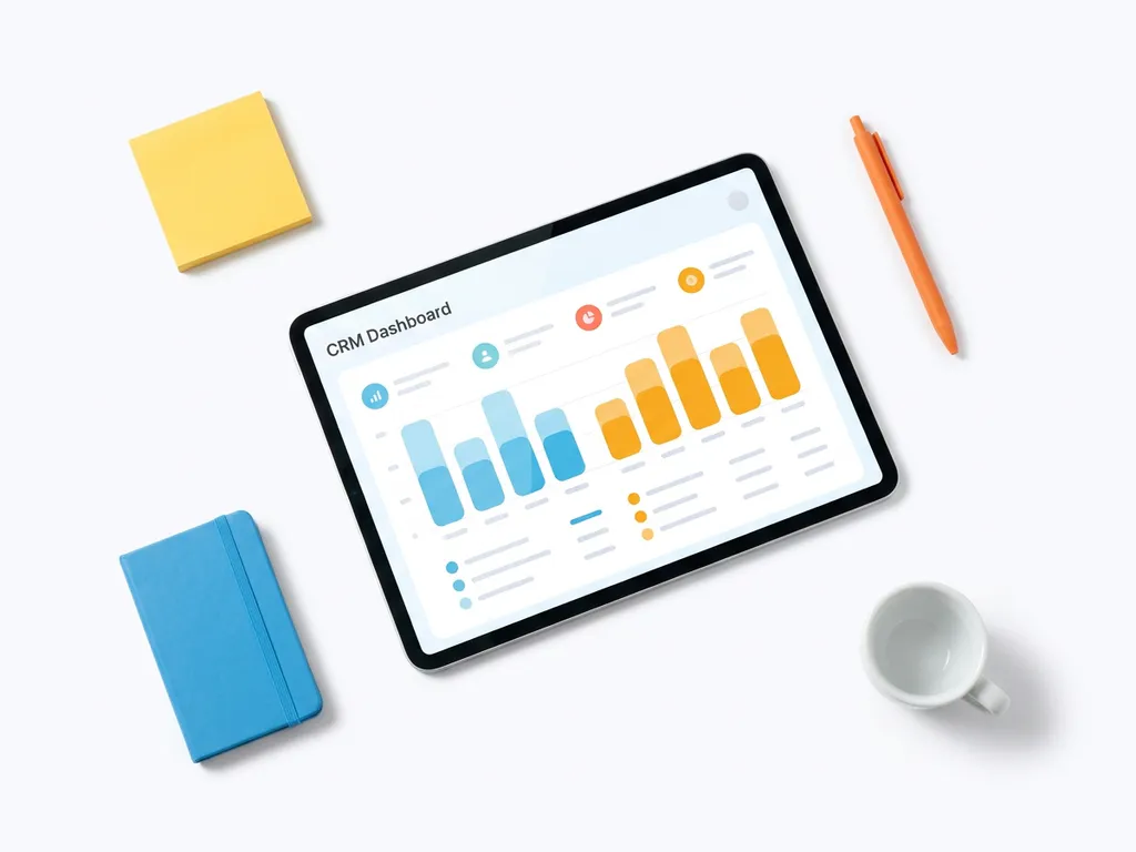 Tablet met kleurrijk CRM-dashboard met blauwe en oranje staafdiagrammen, omringd door notitieblok, pen en koffiekopje op wit oppervlak.