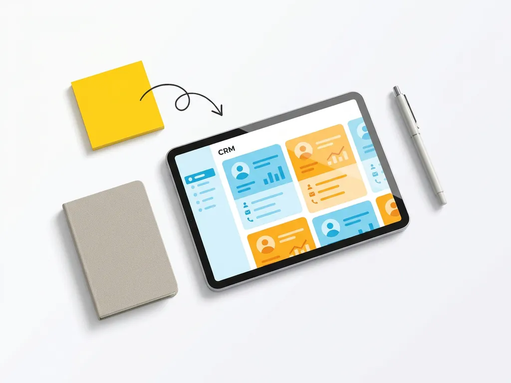 Tablet met kleurrijk CRM-dashboard met klantprofielen, omringd door notitieboek, gele sticky note en pen op wit bureau.