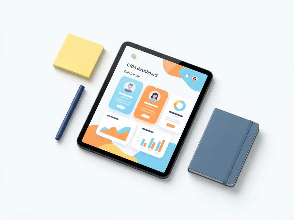 Tablet met kleurrijk CRM-dashboard met kandidaatprofielen in blauw en oranje, omringd door gele sticky note, pen en notitieboekje op wit oppervlak.