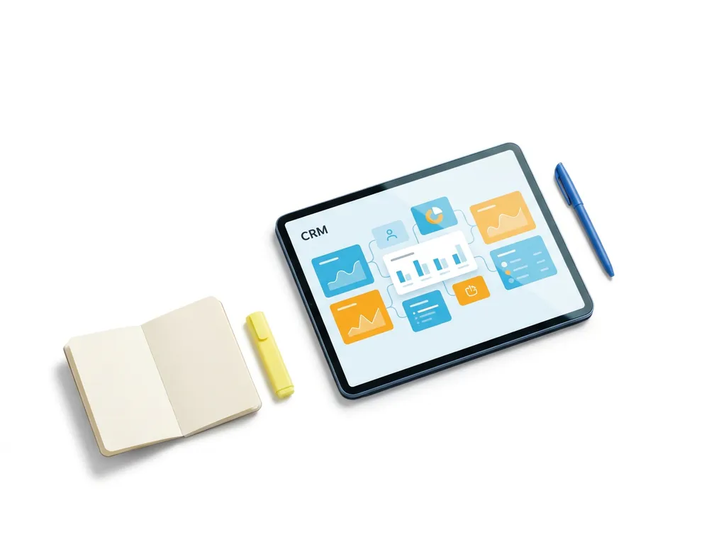 Tablet met kleurrijk CRM-dashboard met verbonden clientkaarten, omringd door notitieboek, markeerstift en pen op wit oppervlak.