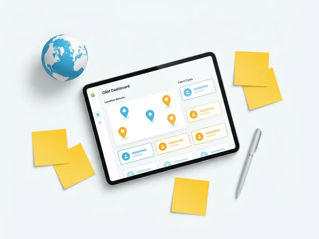 Tablet met kleurrijk CRM-dashboard met locatiepinnen en klantkaarten, omringd door een globe, gele sticky notes en een pen.