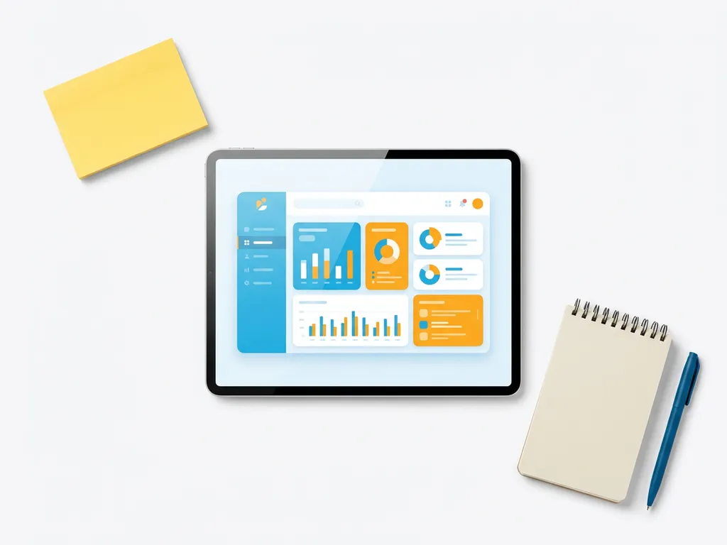 Tablet met kleurrijk CRM-dashboard in blauw en oranje, omringd door gele sticky note, pen en notitieboekje op wit oppervlak.