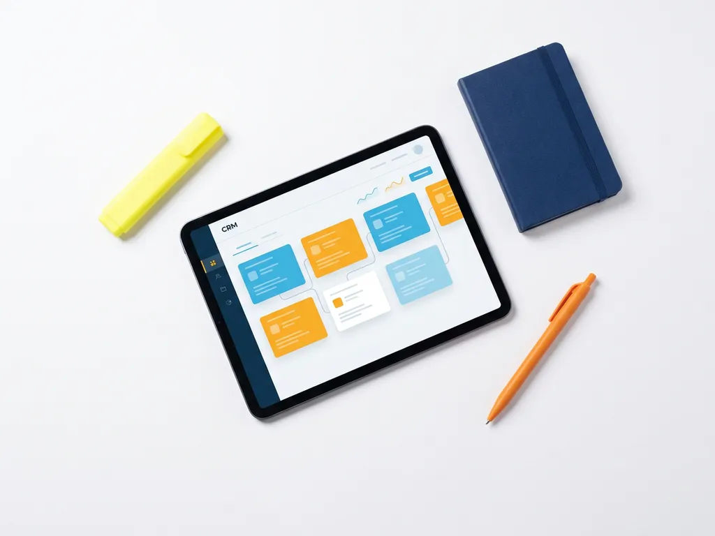Tablet met kleurrijk CRM-dashboard met blauwe en oranje klantenkaarten, omringd door een gele markeerstift, notitieboekje en pen.