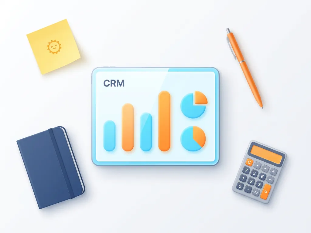Tablet met kleurrijk CRM-dashboard met grafieken in lichtblauw en oranje, omringd door notitieblokje, pen, notitieboek en rekenmachine op wit oppervlak.