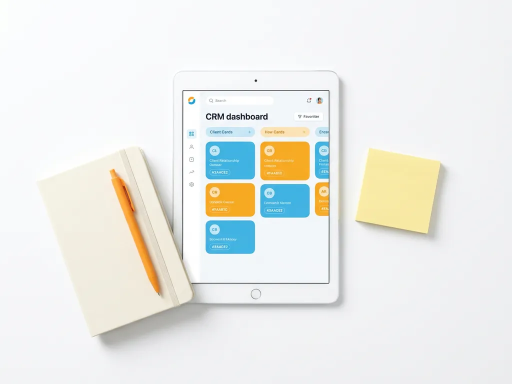 Tablet met kleurrijk CRM-dashboard in blauw en oranje, omringd door notitieboek, pen en sticky note op wit oppervlak.