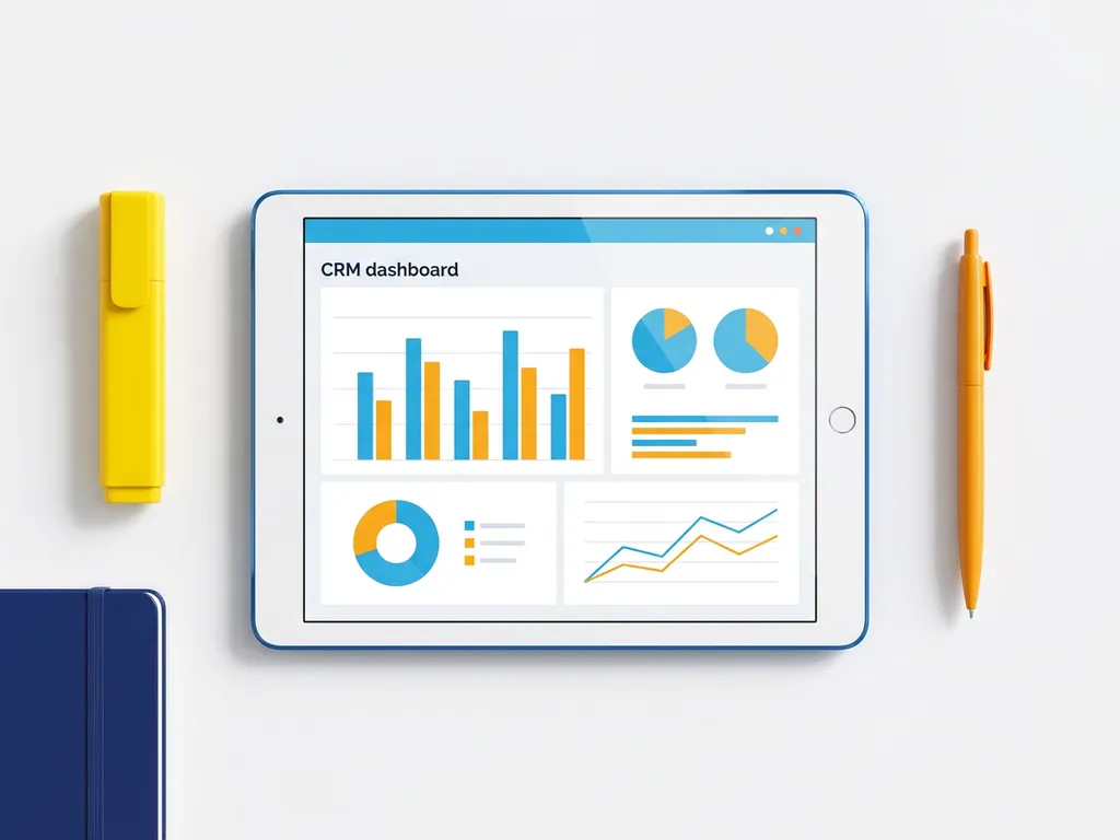 Tablet met kleurrijk CRM-dashboard met blauwe en oranje staafdiagrammen, omringd door een gele markeerstift, notitieboekje en oranje pen.