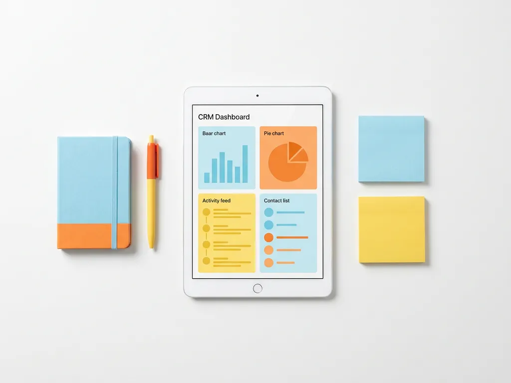 Tablet met kleurrijk CRM-dashboard in blauw, oranje en geel, omringd door notitieboekje, pen en sticky notes op wit bureau.