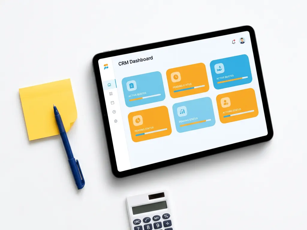 Tablet met kleurrijk CRM-dashboard met offertestatuskaarten, gele sticky note en donkerblauwe pen op witte ondergrond.