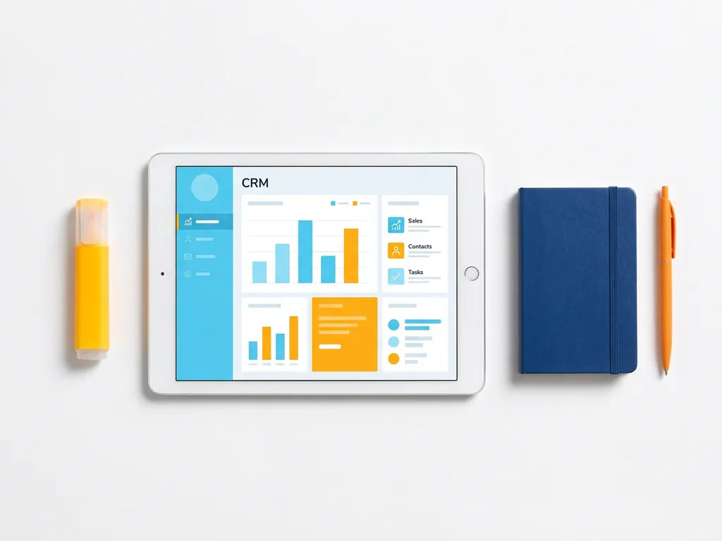 Tablet met kleurrijk CRM-dashboard met blauwe en oranje staafdiagrammen, omringd door een gele markeerstift, notitieboekje en pen.