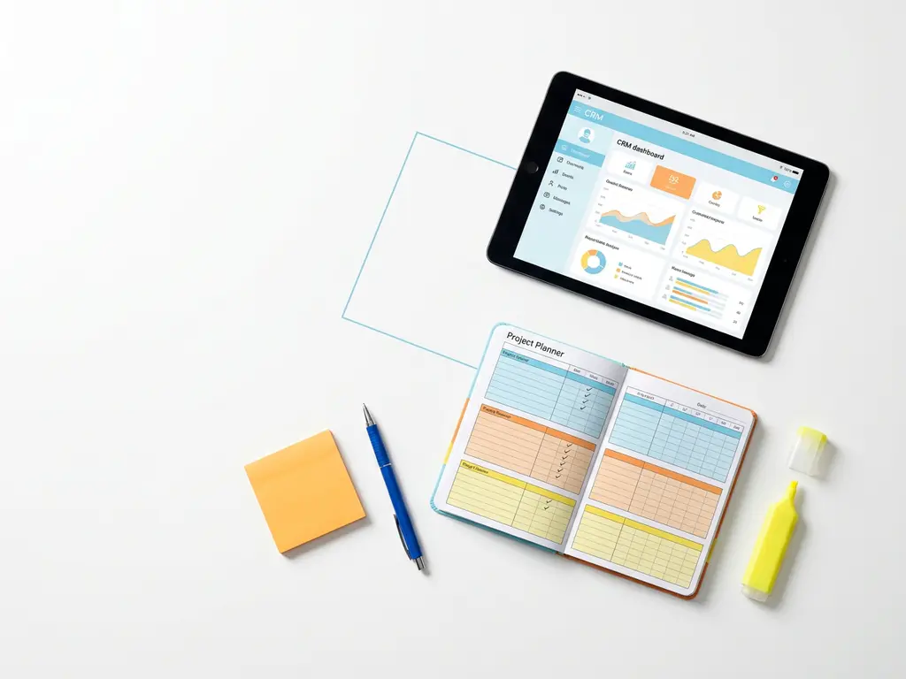 CRM-dashboard op tablet verbonden met kleurrijke projectplanner, omringd door pen, sticky note en markeerstift op wit bureau.