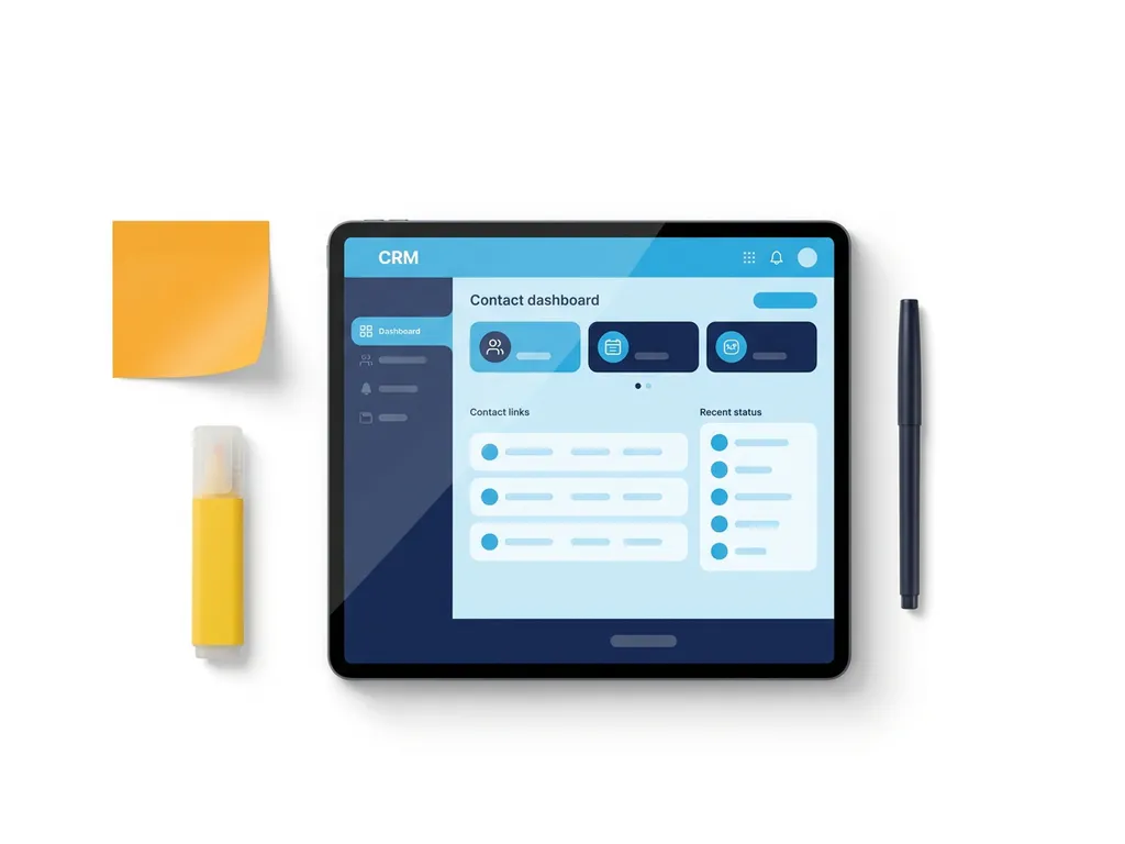 Tablet met CRM-contactendashboard in blauw tinten, omringd door oranje sticky note, gele markeerstift en pen op wit oppervlak.