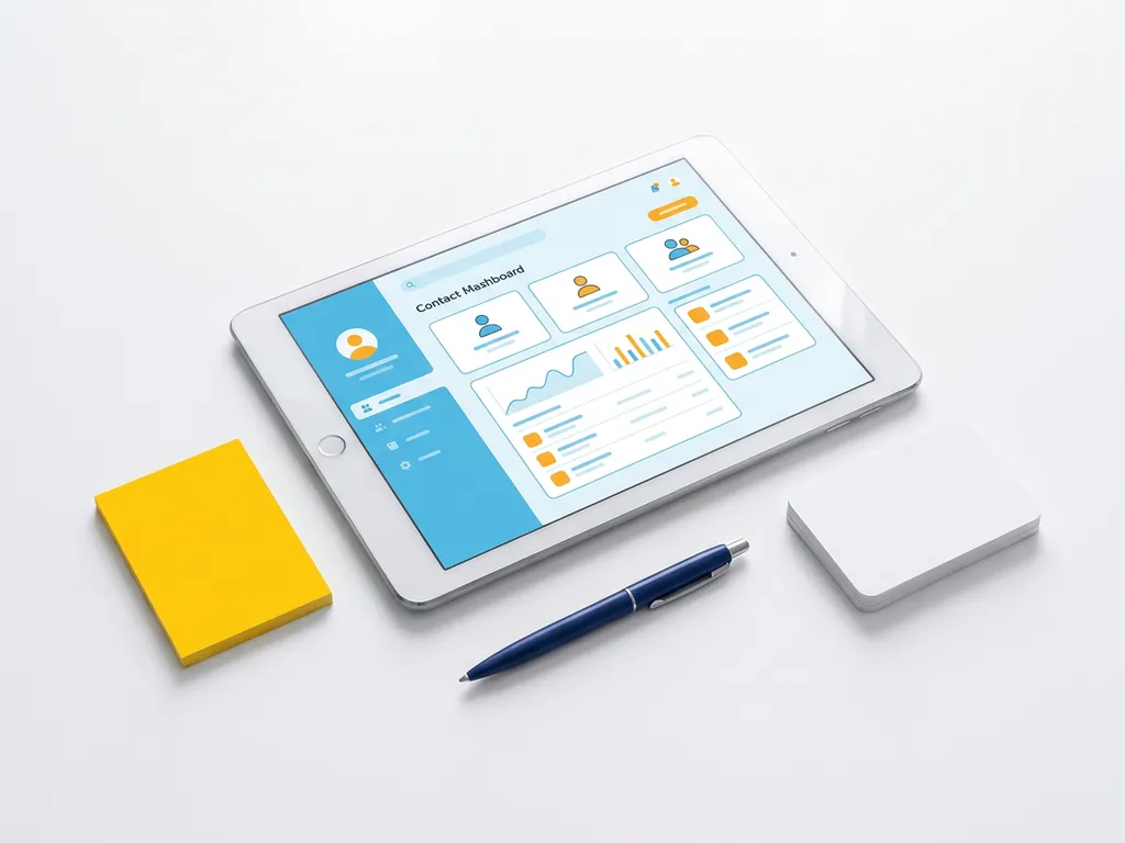 Tablet met CRM-contactdashboard in blauw en oranje, omringd door gele sticky note, donkerblauwe pen en visitekaartjes op wit oppervlak.