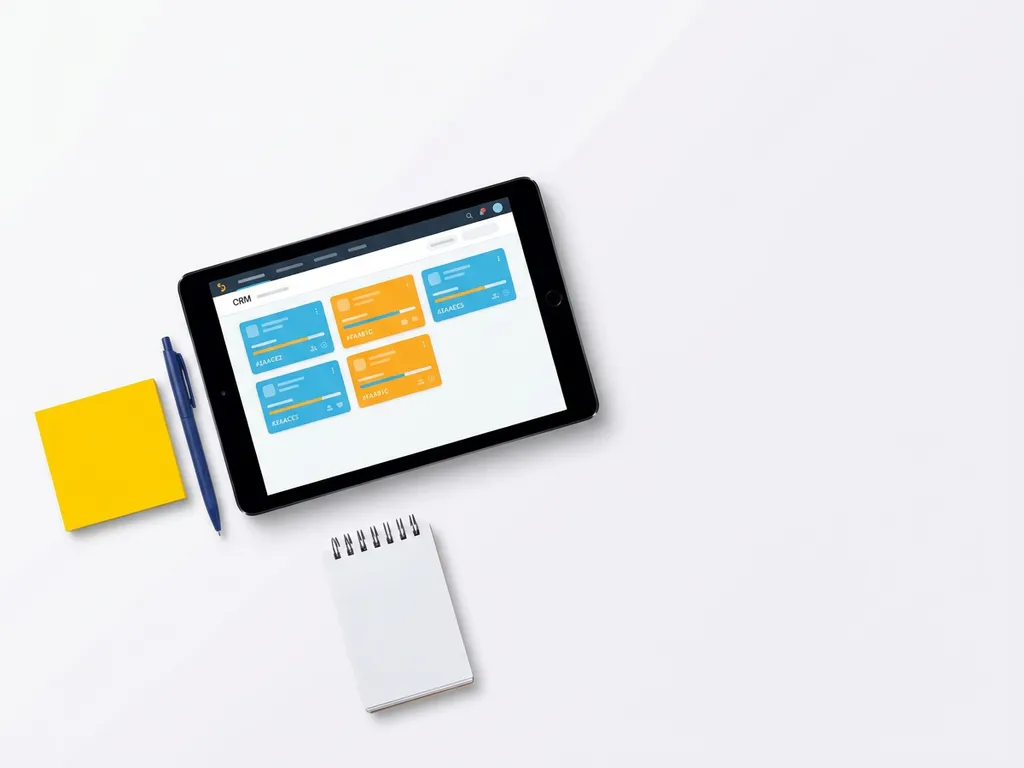 Tablet met kleurrijk CRM-dashboard omringd door gele sticky note, donkerblauwe pen en spiraalnotitieblok op wit oppervlak.